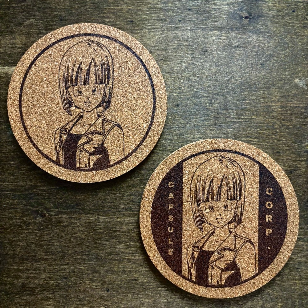 Dragon Ball Z Bulma Laser Engraved Cork Coasters Bundle of 2